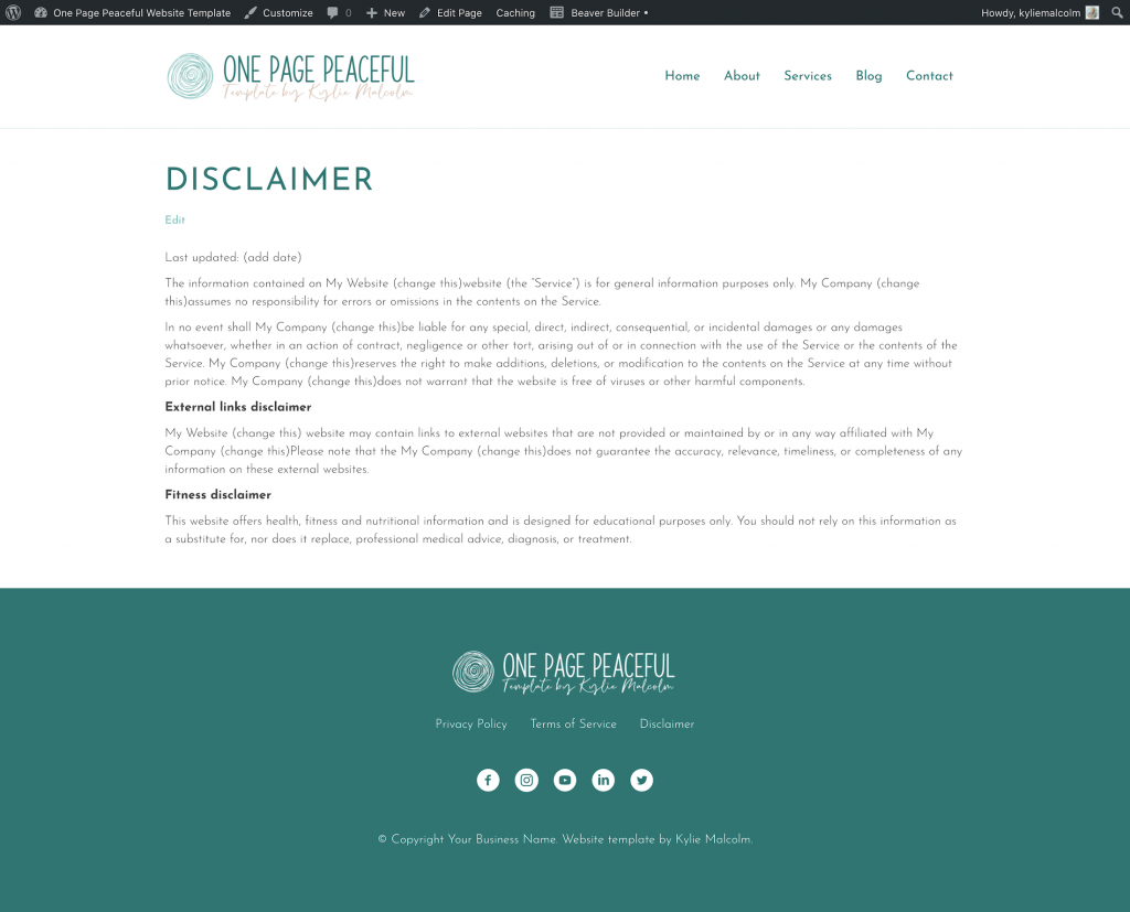 One Page Peaceful Website Design Template for Coaching BLOG