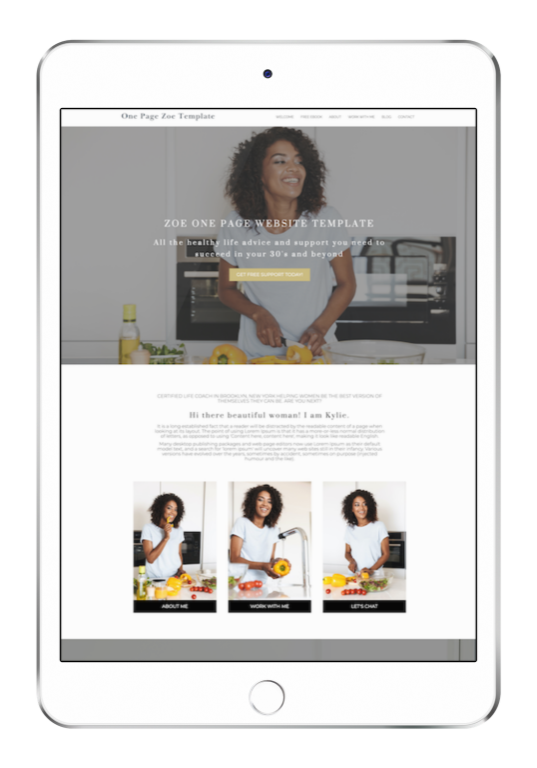 Zoe One Page Website Template for Coaches ipad